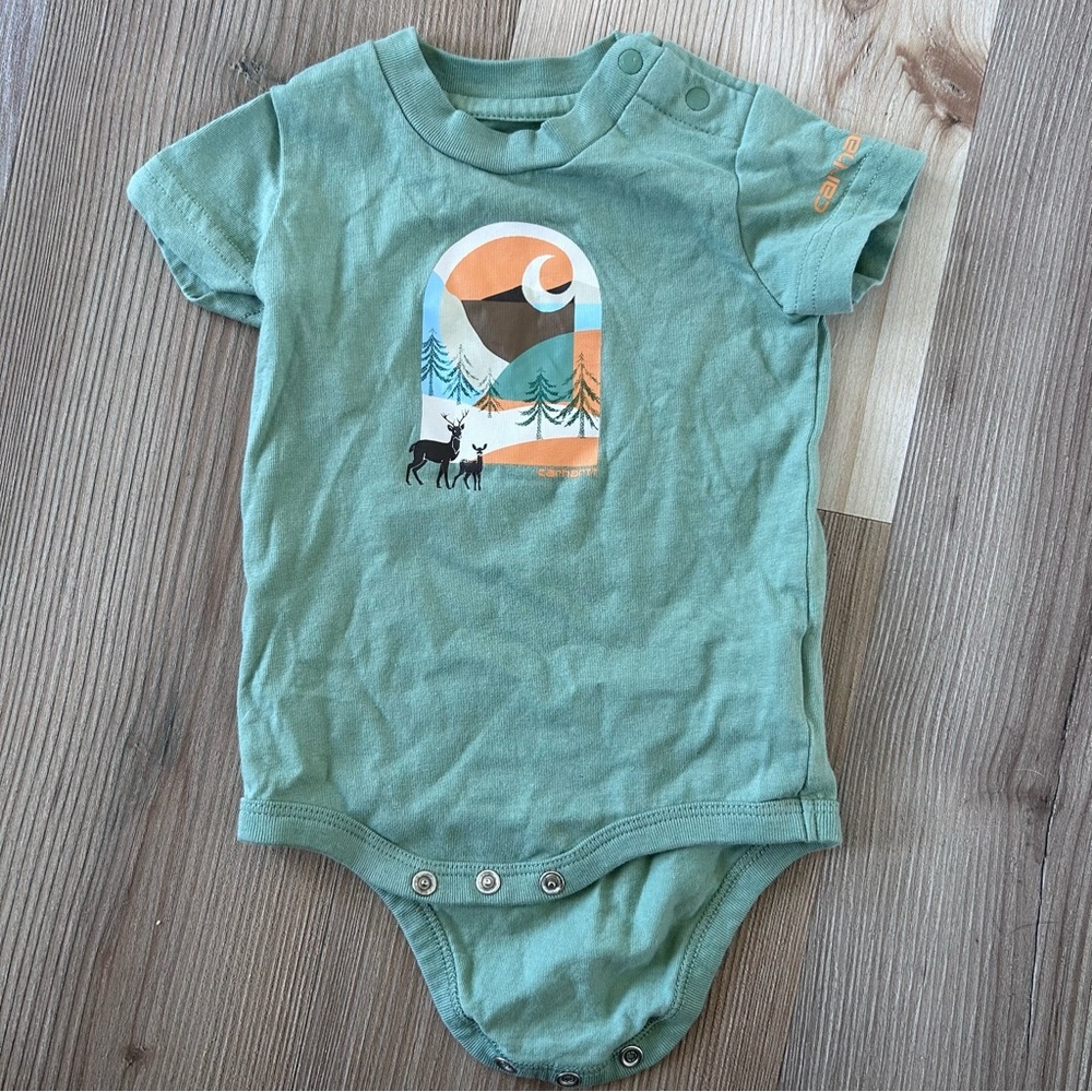 Carhartt Sage Green Bodysuit with Mountain & Deer Graphic